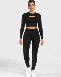 Online Haut à manches longues Charming Cutout « noir » Femme Hauts À Manches Longues